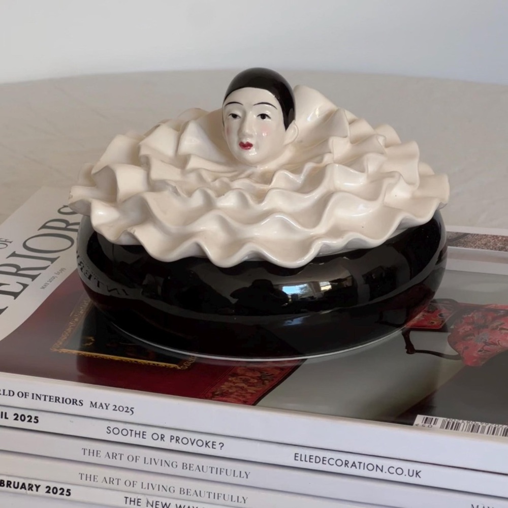 Vintage Ceramic Pierrot Mime Harlequin Lidded Trinket Dish Porcelain